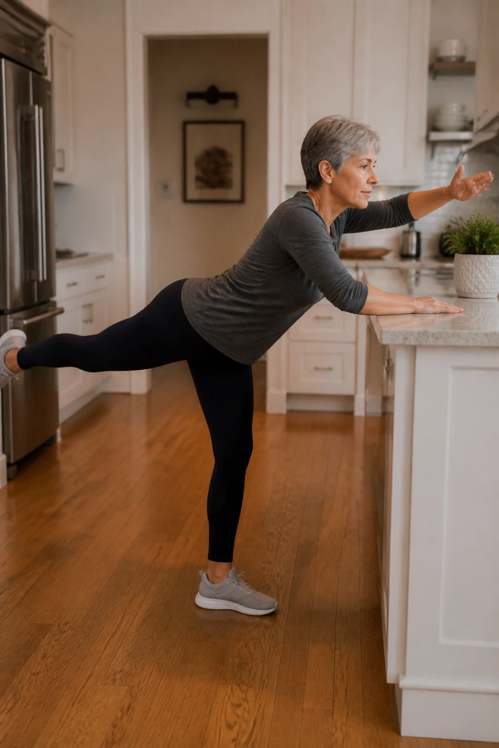 Real person at counter performing counter bird dog with leg back and arm forward