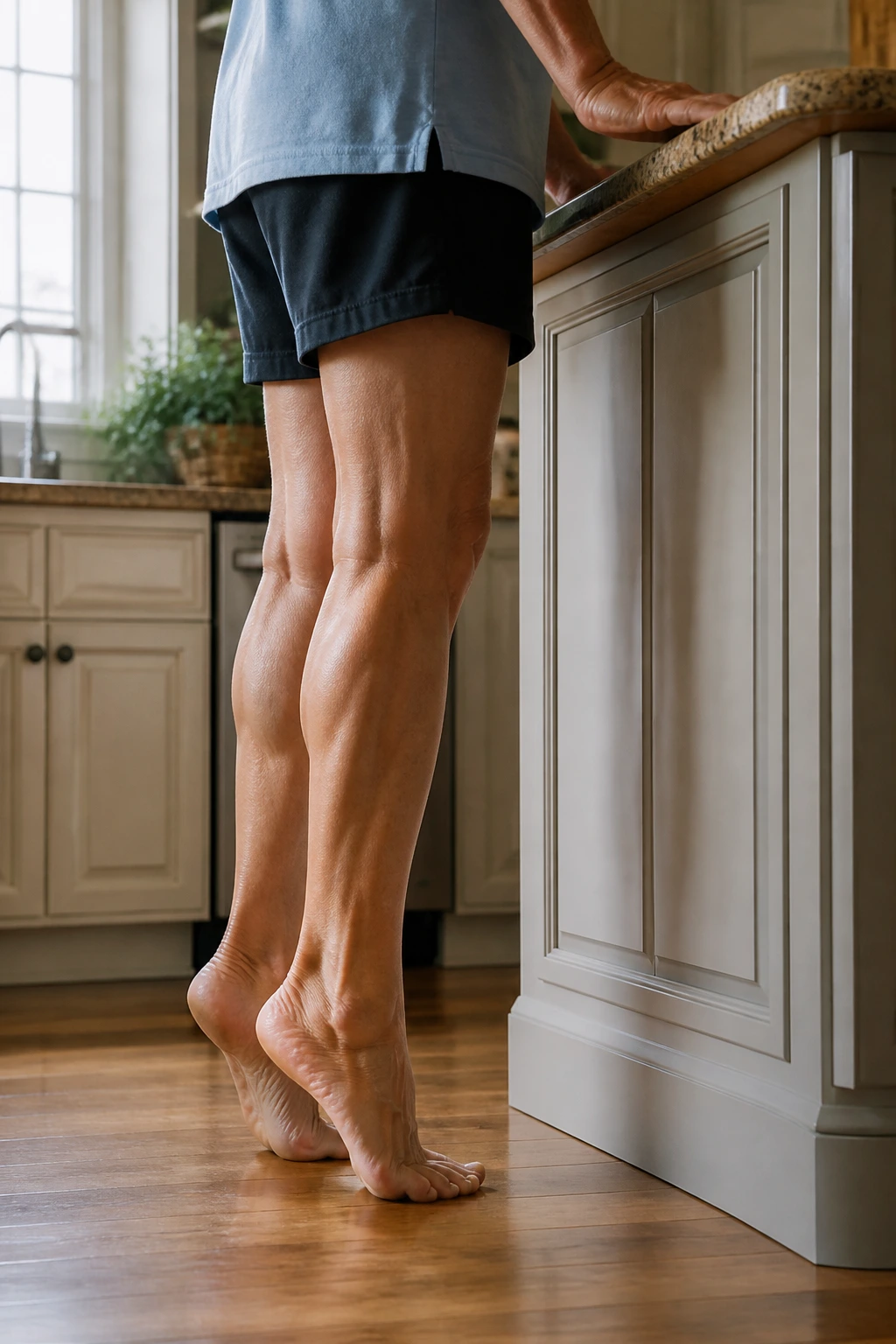 Feet performing countertop heel raises at a kitchen counter