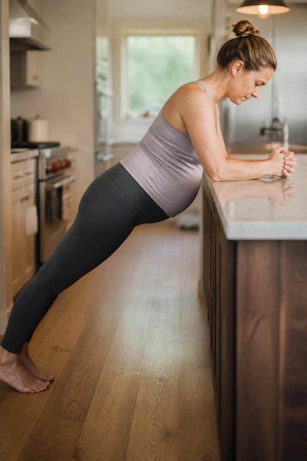 Pregnant person holding a countertop plank in a kitchen
