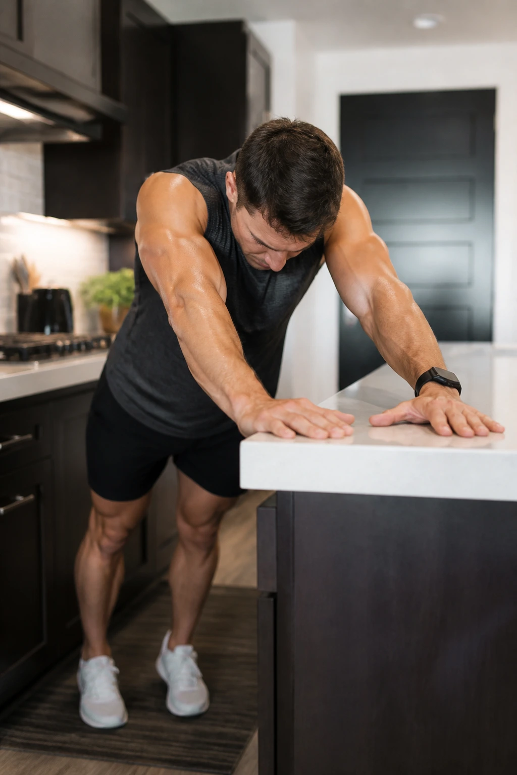 Person performing countertop triceps extensions at a kitchen counter