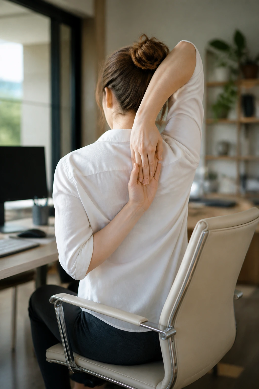 Three-quarter back view of real person performing cow face arms at office chair