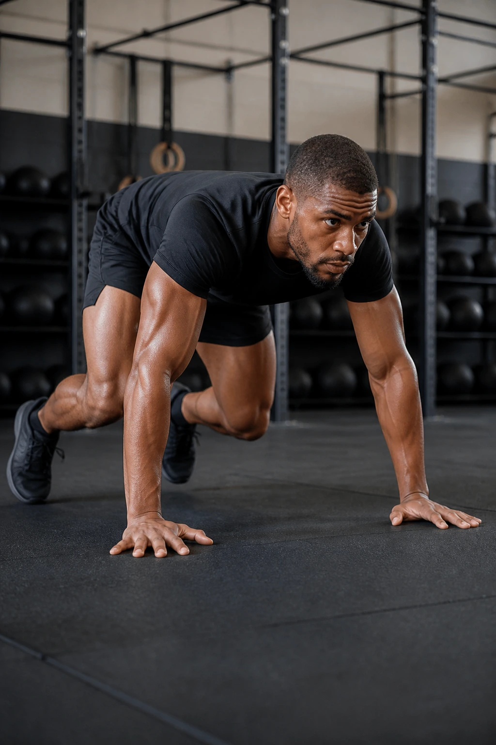 Person bears crawling on gym floor in a dynamic plank flow sequence
