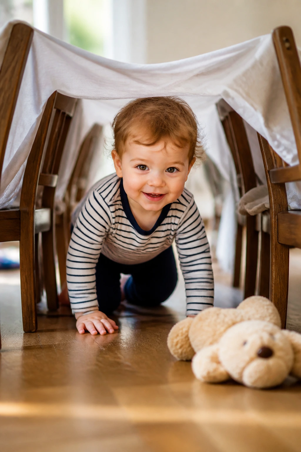 Toddler crawling through a chair-and-sheet tunnel in a playroom