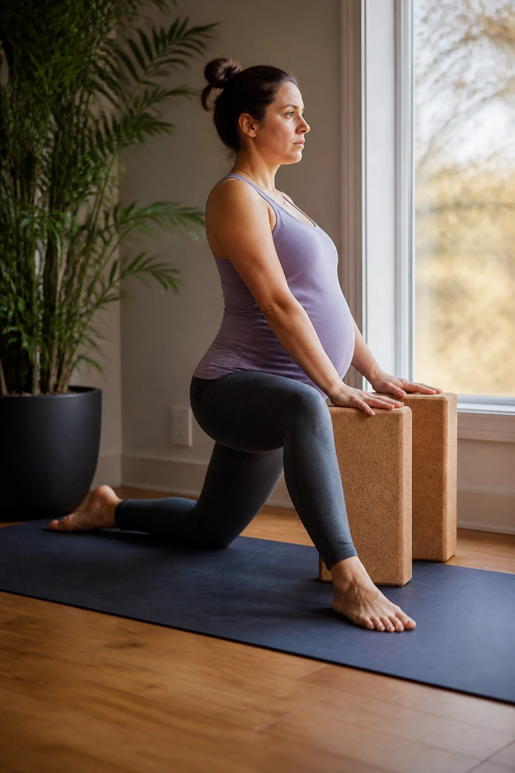 Person in a supported crescent lunge with hands on blocks, hip opening.