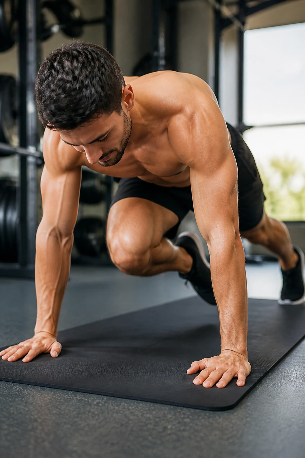 Close-up of a real person performing cross-body climbers toward opposite elbow