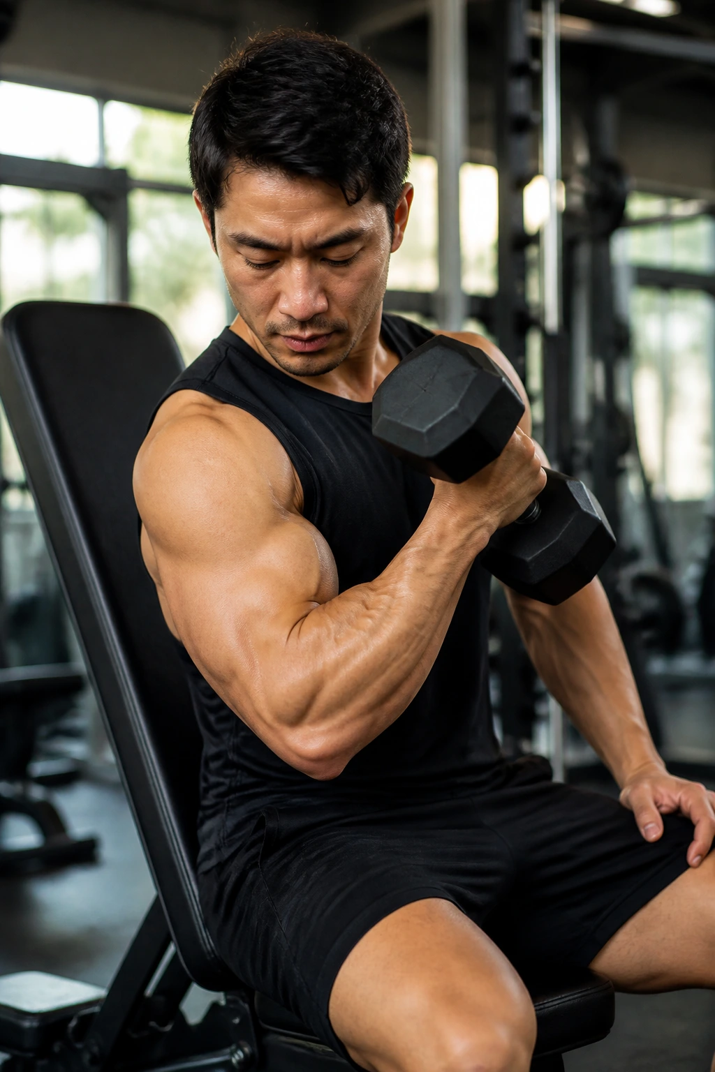 Cross-body hammer curl performed with diagonal curl toward opposite shoulder
