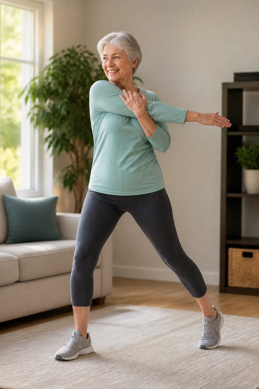 Senior performing cross-body reach rotation in living room