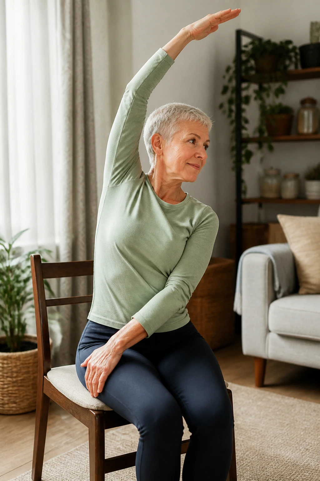 Medium shot of a person performing cross-body side reach with twist in chair