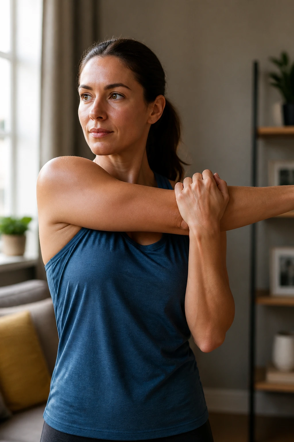 Real person doing cross-body shoulder stretch after a run