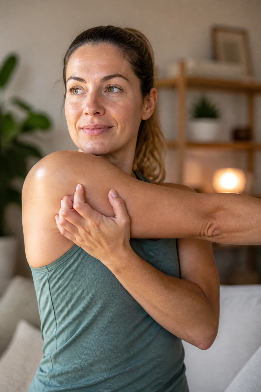 Arm across chest performing cross-body shoulder stretch.