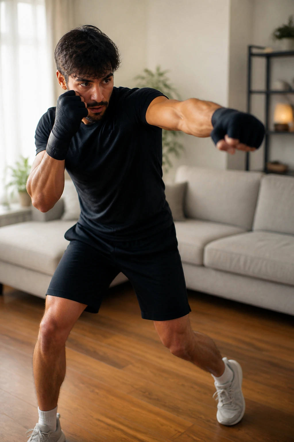 Real boxer performing cross-cut hooks with lateral steps in a living room