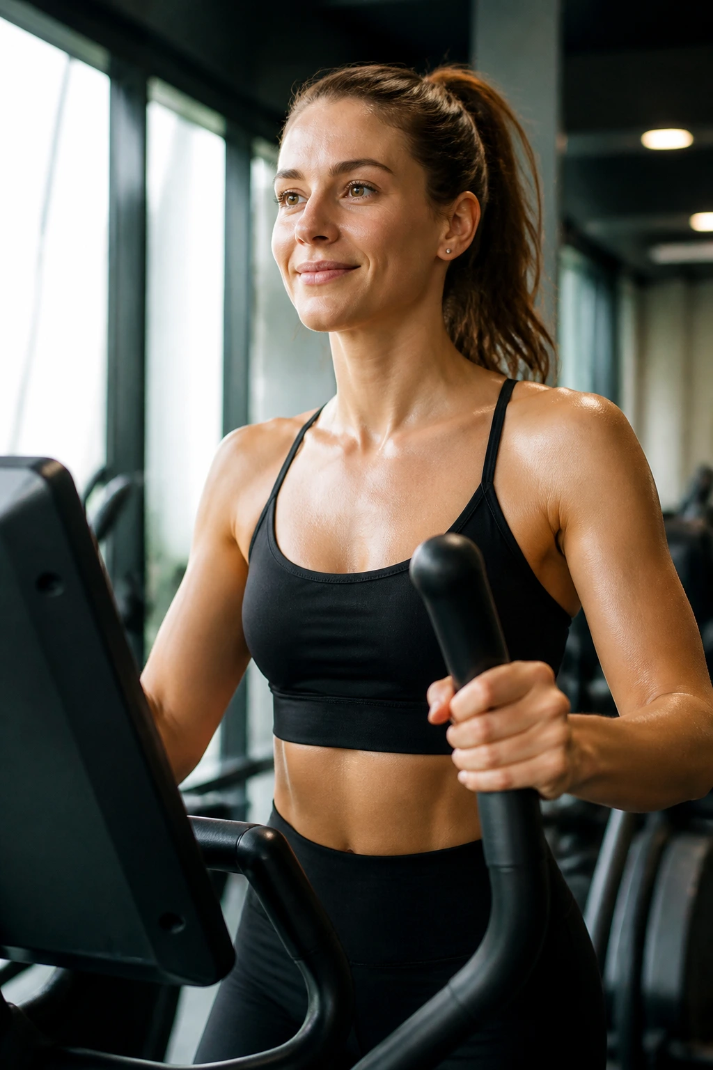 Real person on cross trainer maintaining a steady, moderate pace