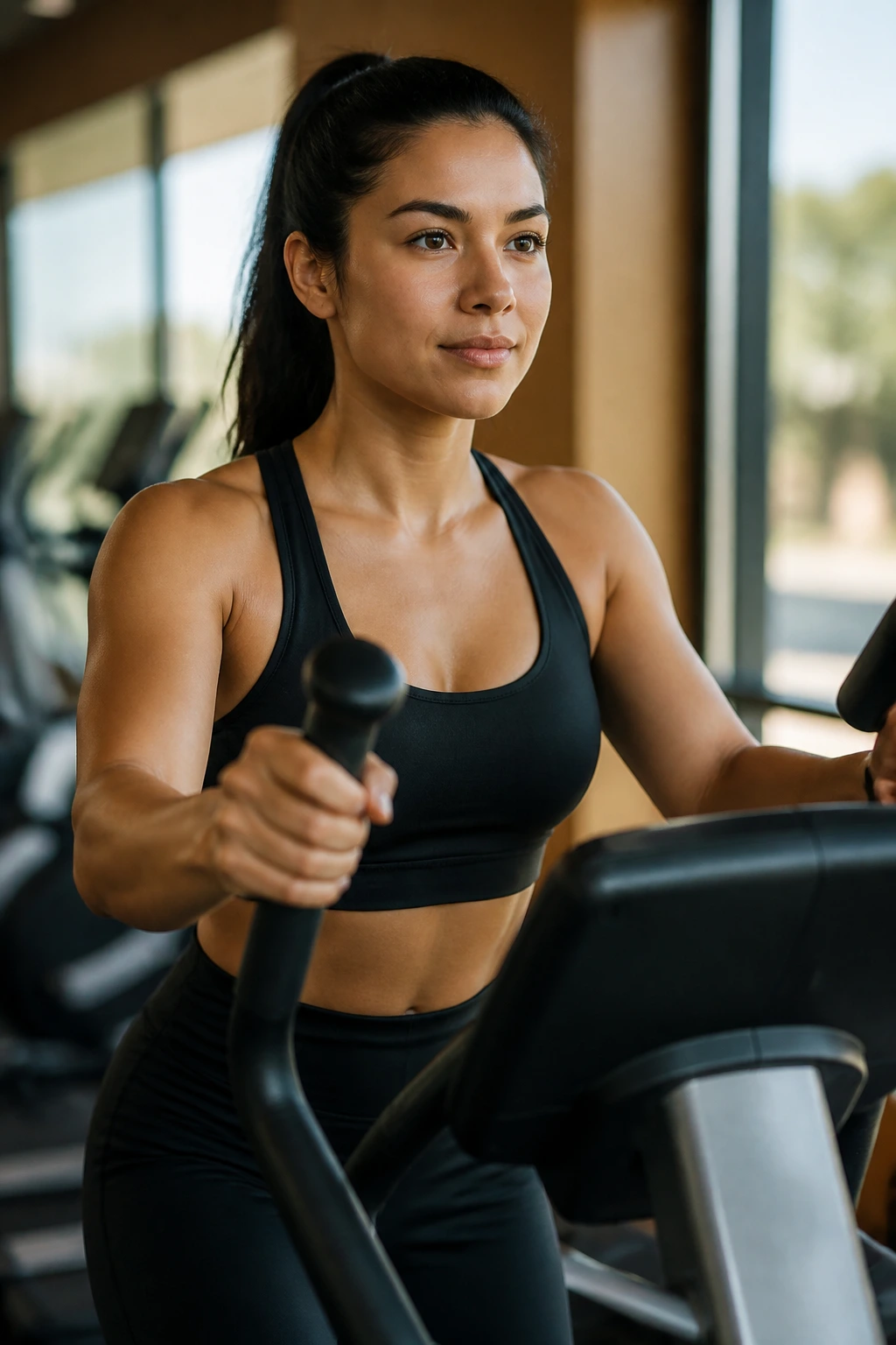 Portrait of a real person on a cross trainer performing a final confidence check with steady cadence