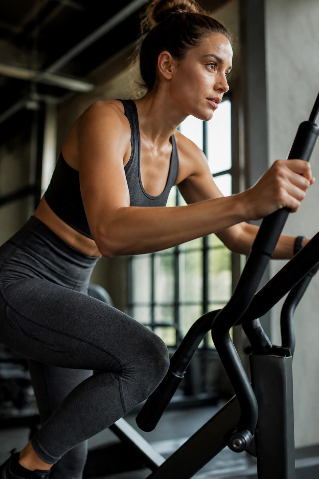 Close-up of a woman on a cross trainer during hill climb, determined look.