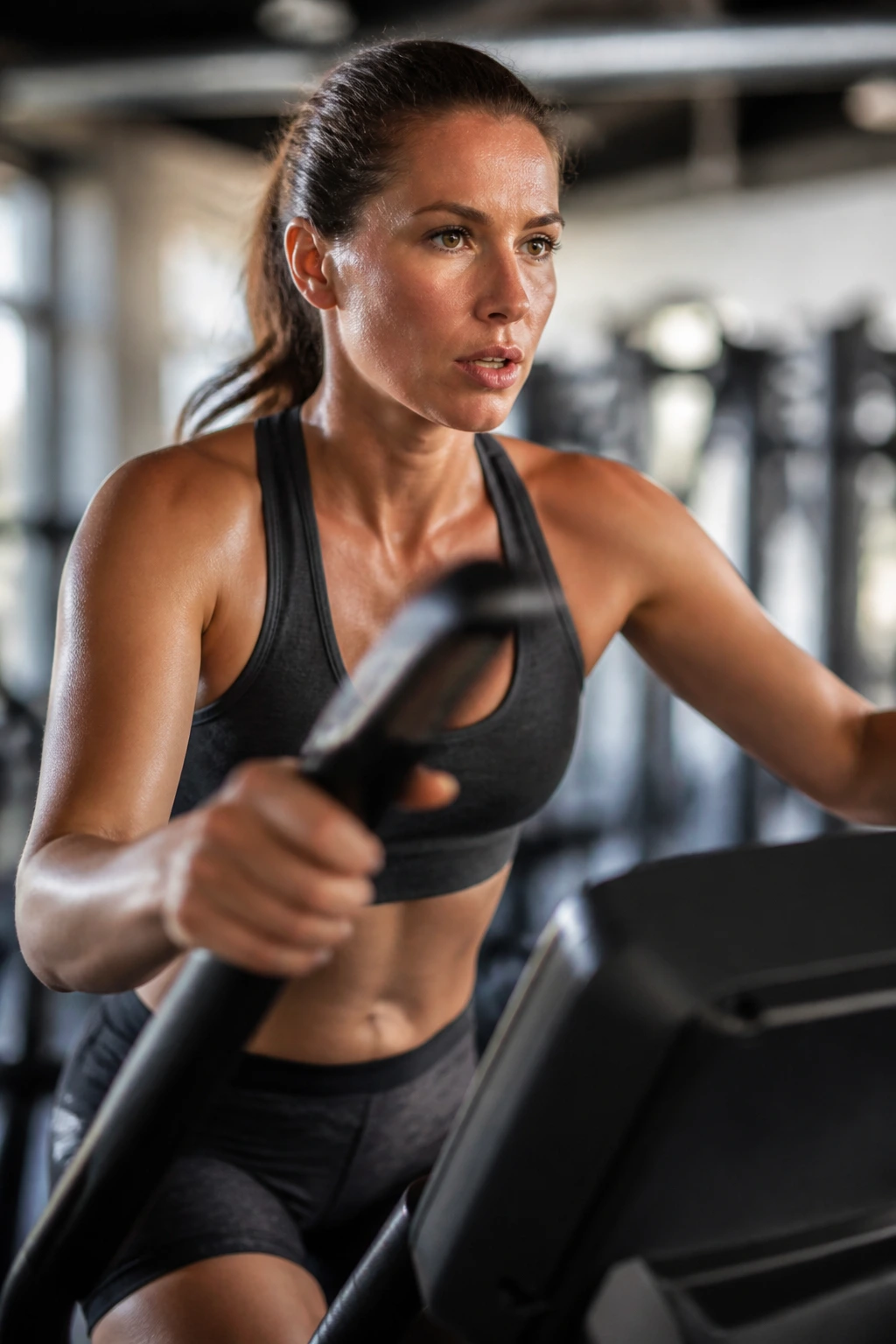 Person on cross trainer performing over-under intervals in gym