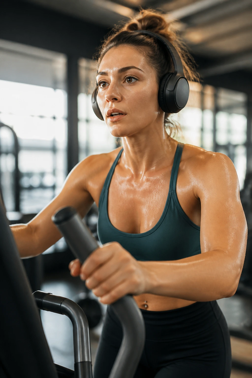 Real person on cross trainer wearing headphones following music-driven workout