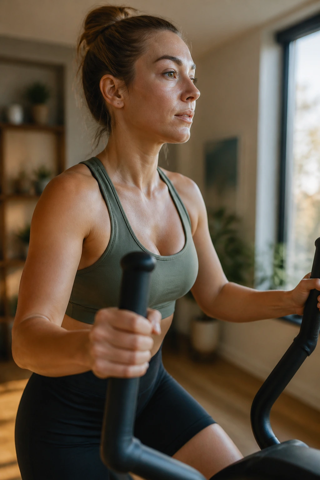 Close-up of a woman on a cross trainer with easy pace, relaxed breathing.