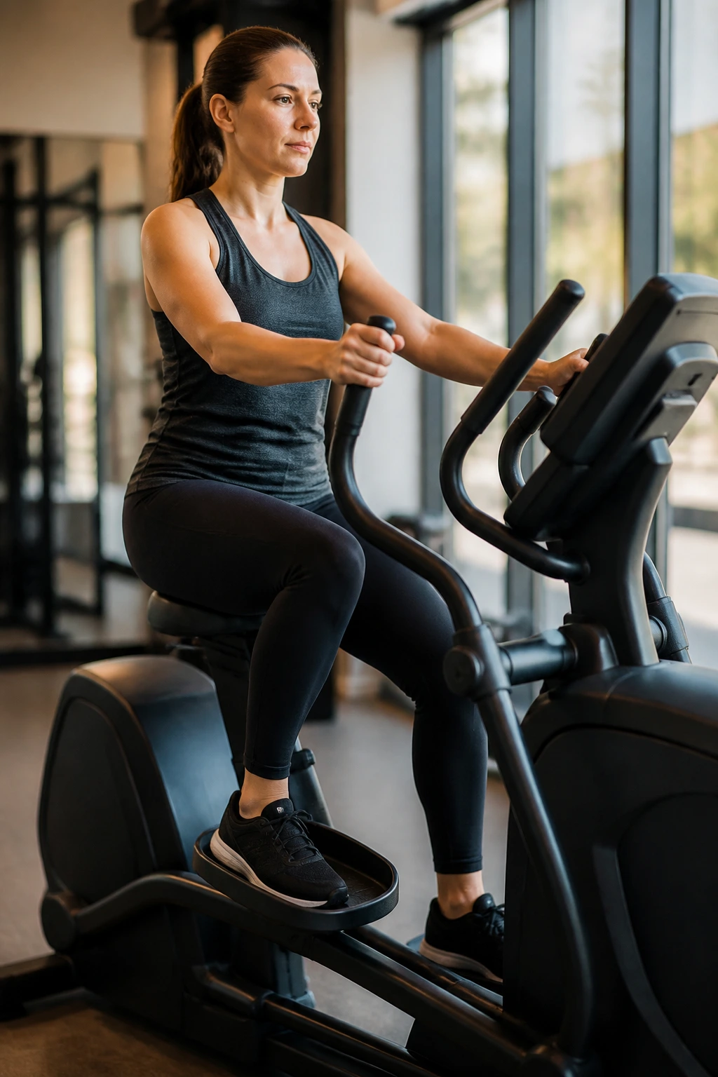 Close-up of a person on a cross trainer performing a low-resistance recovery glide in a gym