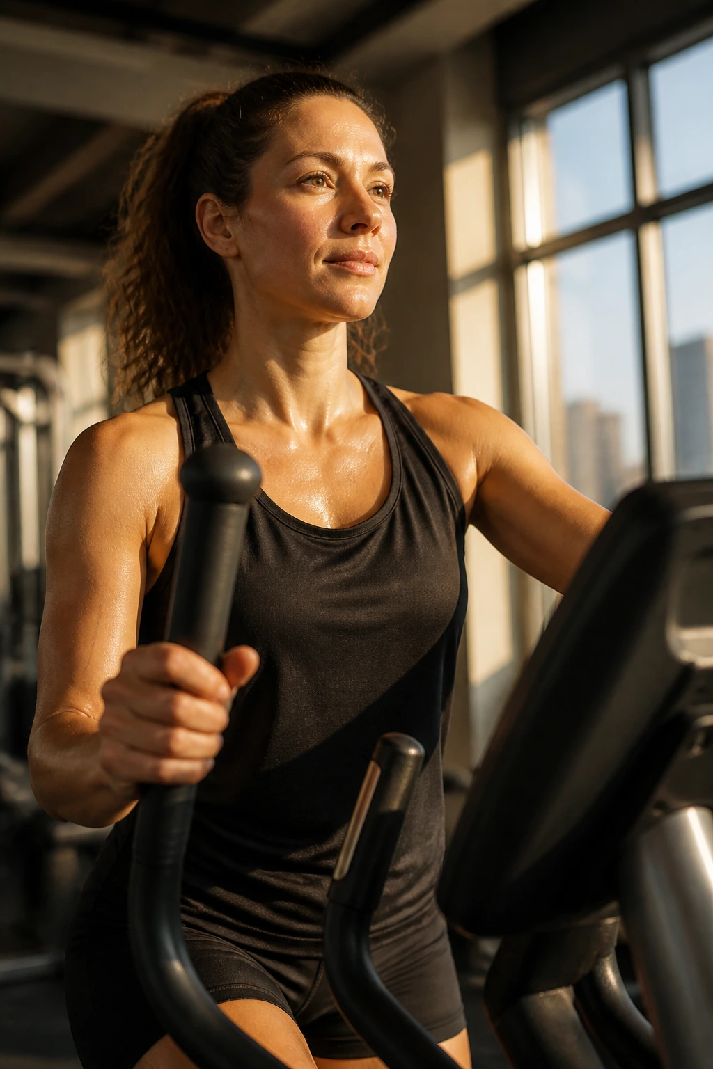 Person on cross trainer in a calm gym during a light ride