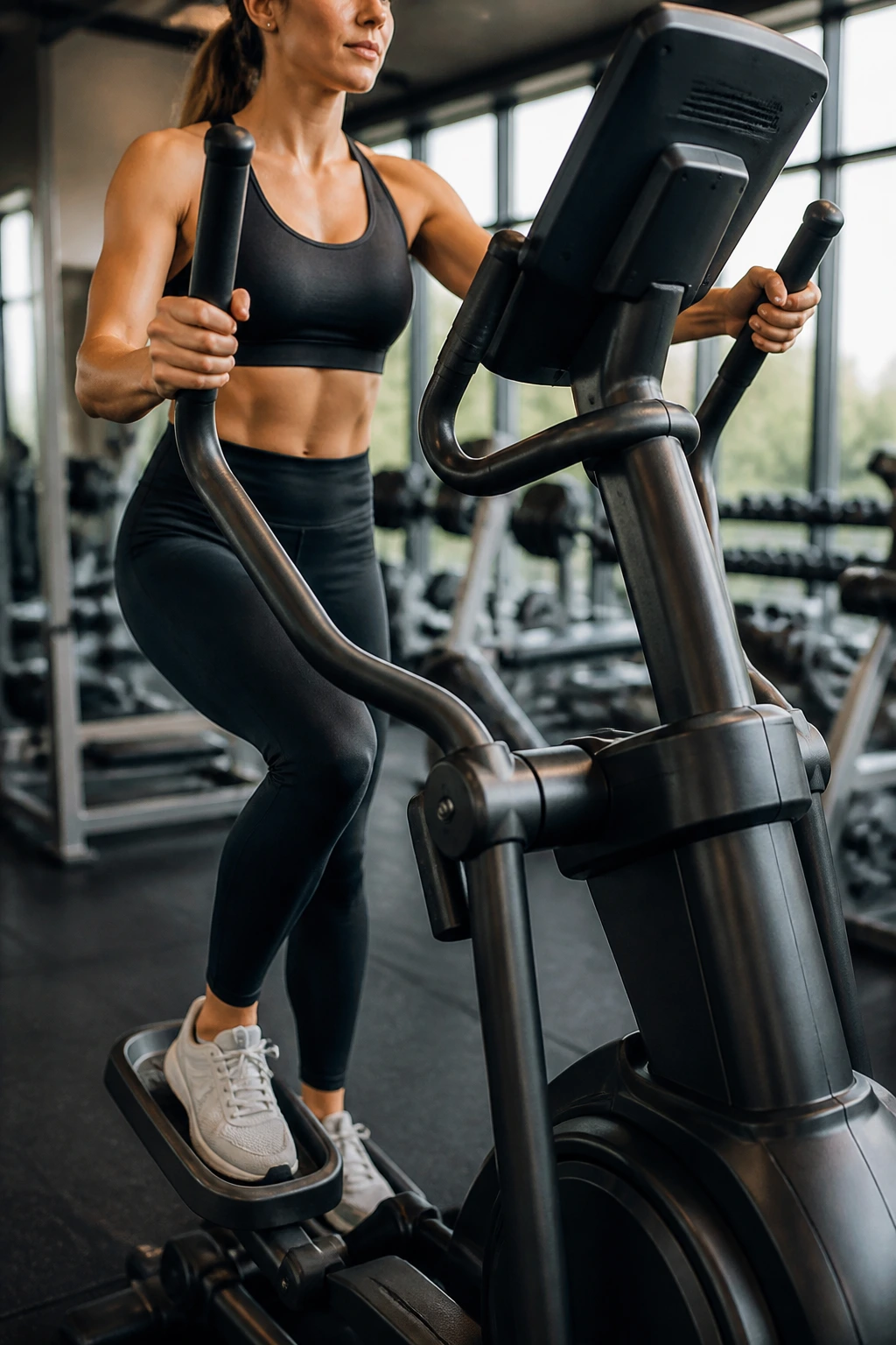 Close-up of a cross trainer in a gym showing active use with blurred background