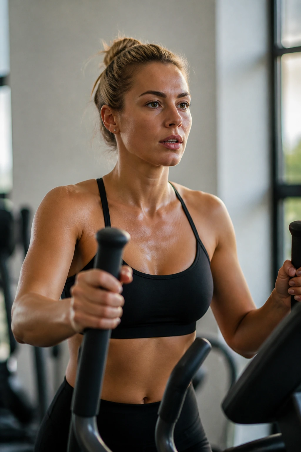 Close-up of a woman on a cross trainer during a long Zone 2 base ride, calm focus.
