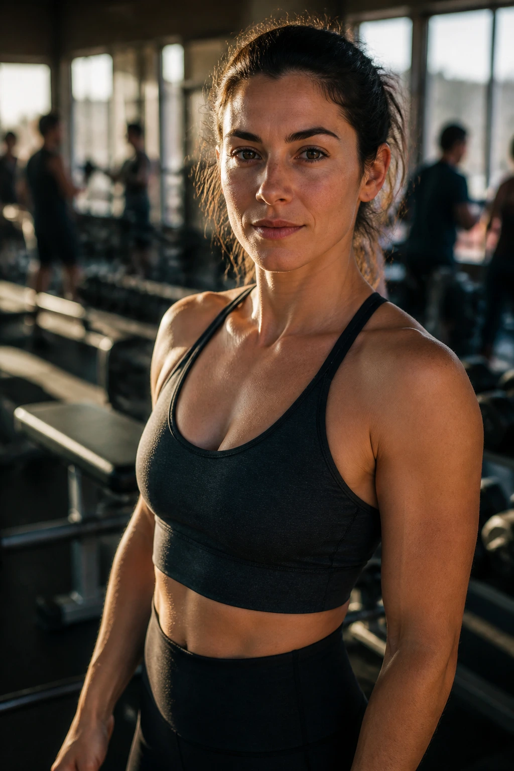 Real woman planning gym routine while crowds bustle in background