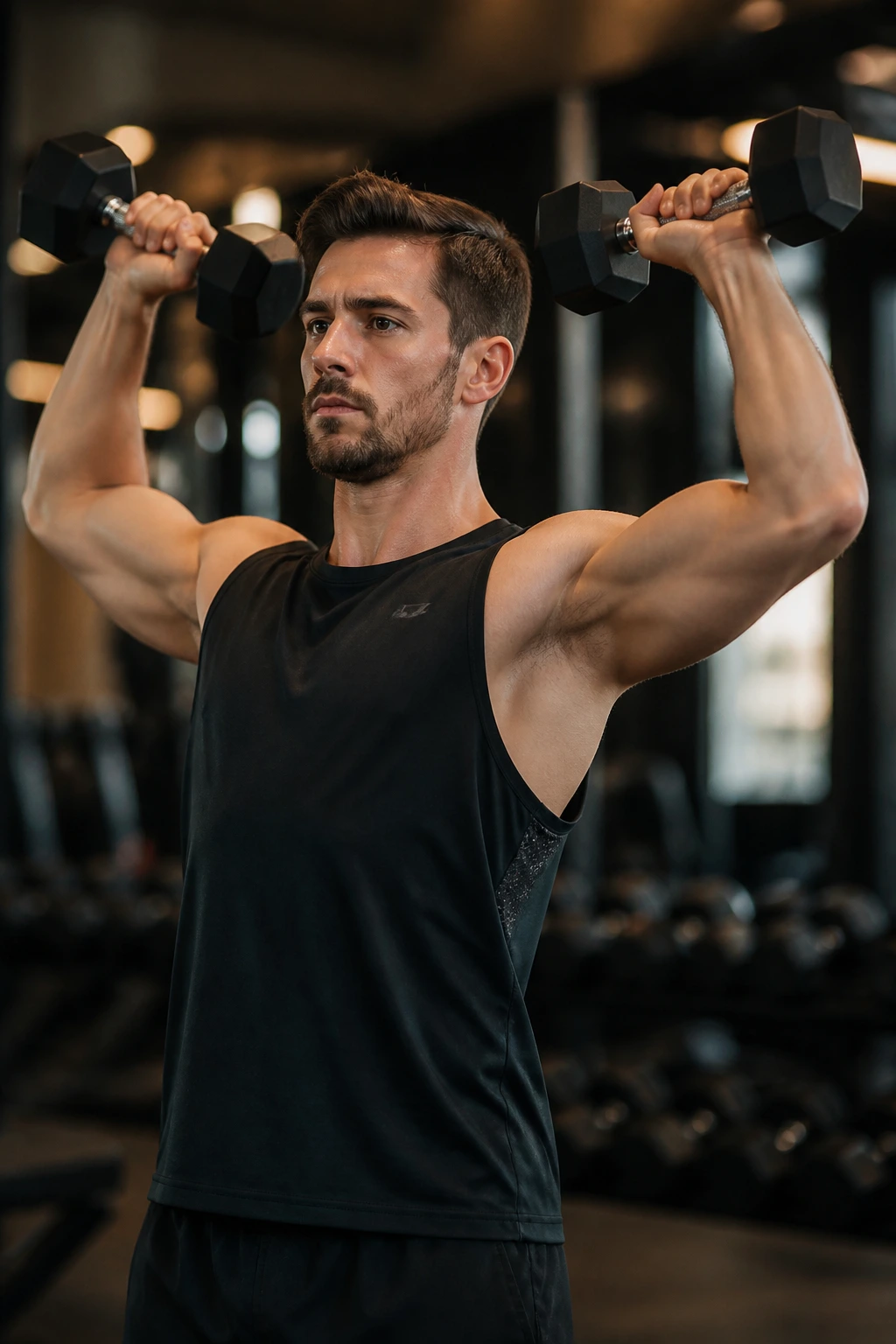 Close-up of a person performing the Cuban press with light dumbbells in a gym setting