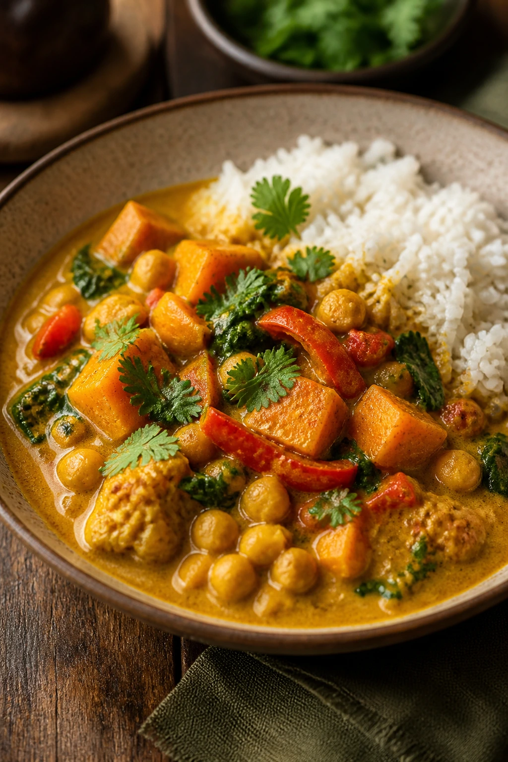 Vibrant dairy-free curry with vegetables over rice in a ceramic bowl