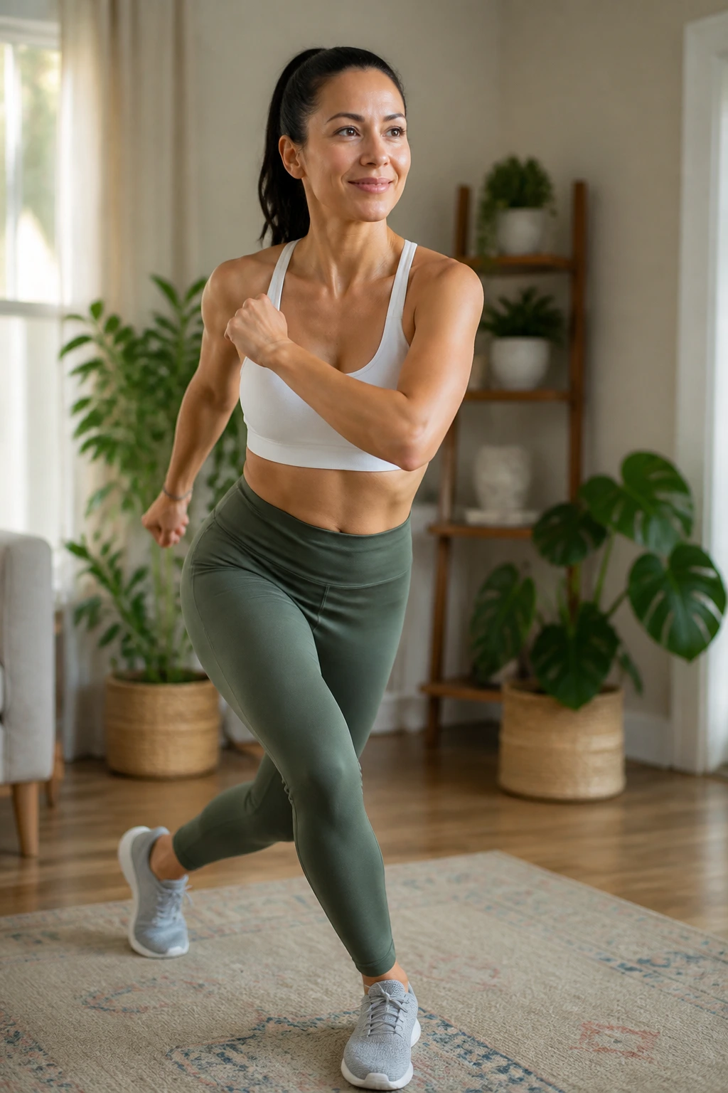 Woman performing curtsy step and pull in home setting