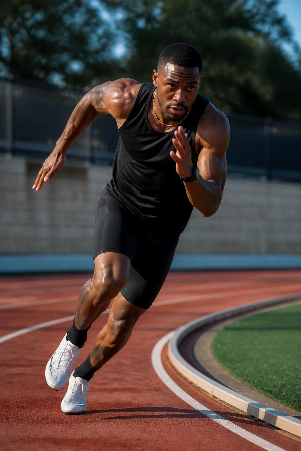 Runner sprinting on a curved track section with proper lean