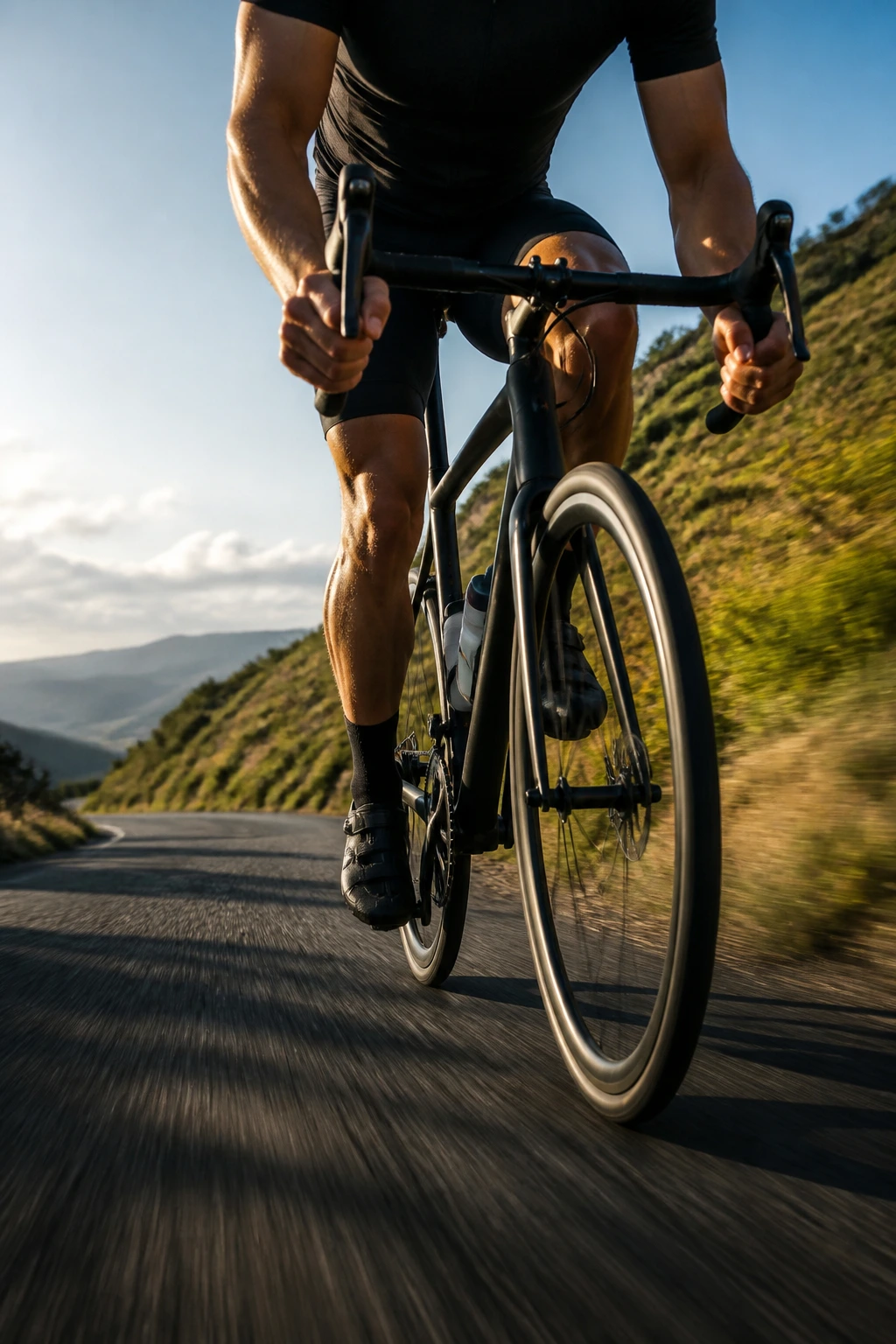 Close-up of a cyclist's legs powering pedals during a hill sprint outdoors