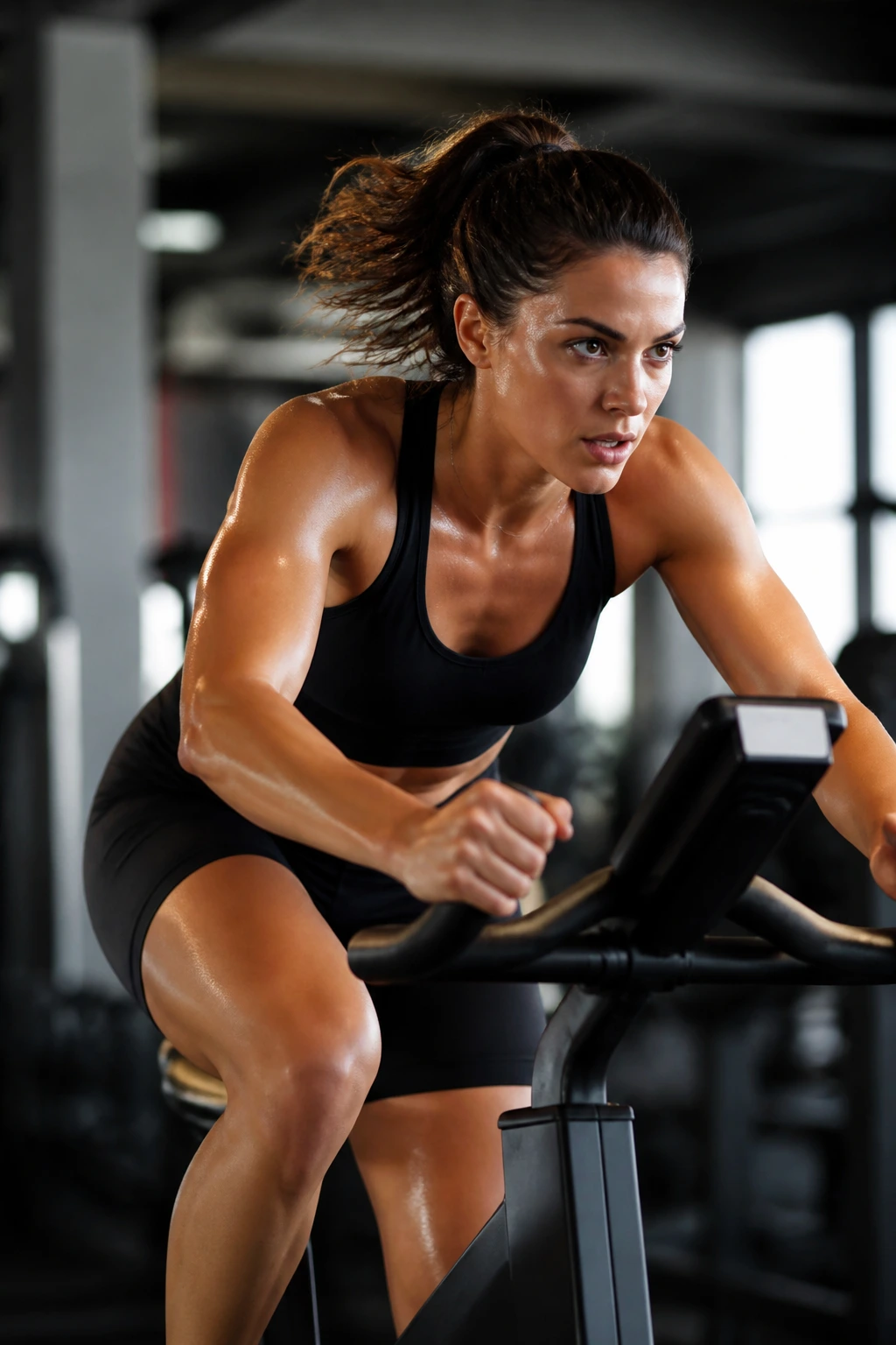 Person cycling hard on a stationary bike during interval training in a gym