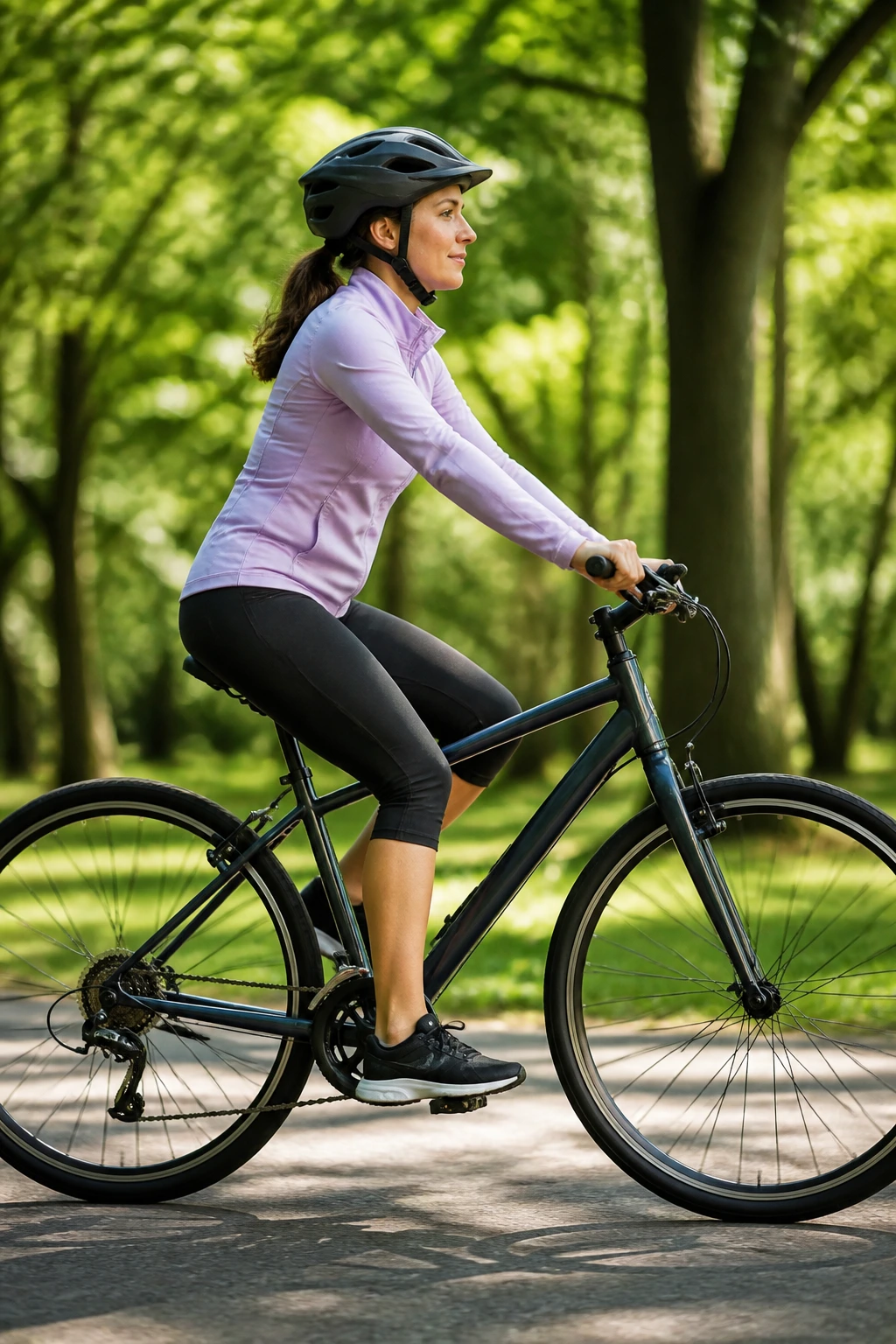 Cyclist on a leisurely ride along a tree-lined path
