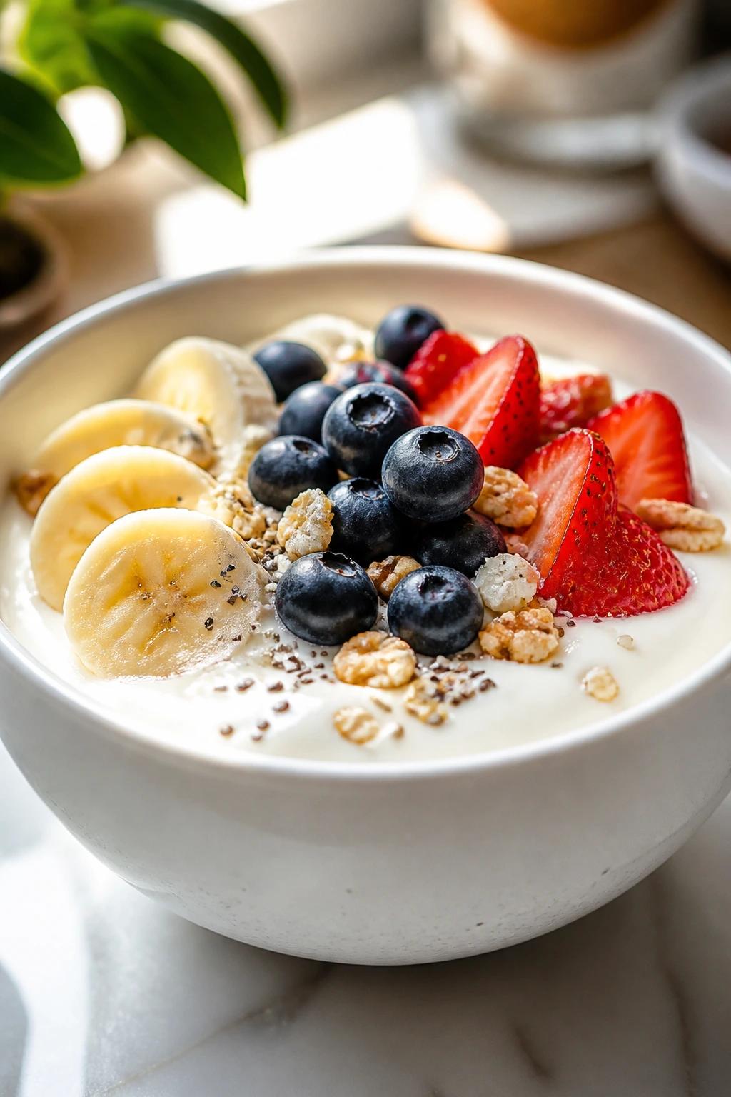 Dairy-free yogurt bowl with fruit on a bright kitchen counter