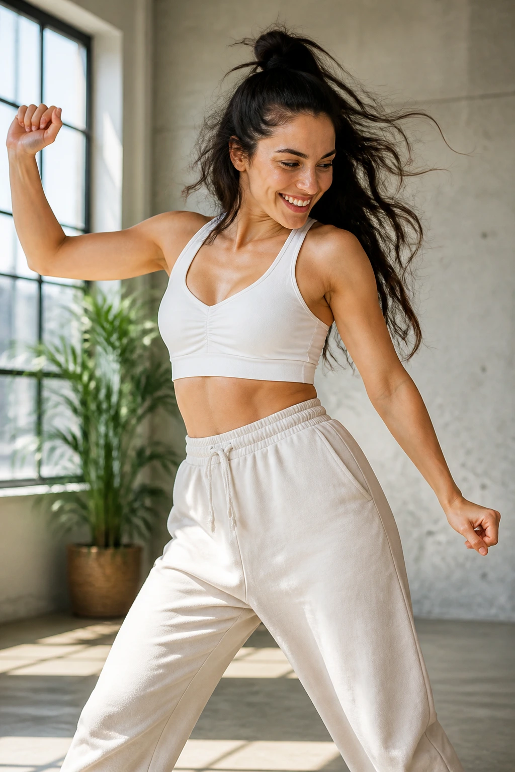 Real person dancing energetically in a bright studio