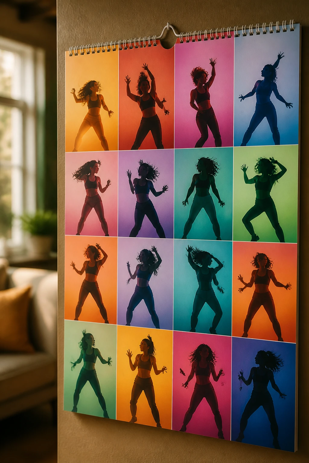 Close-up of a calendar page with dancing silhouettes representing a dance cardio calendar in a cozy living room