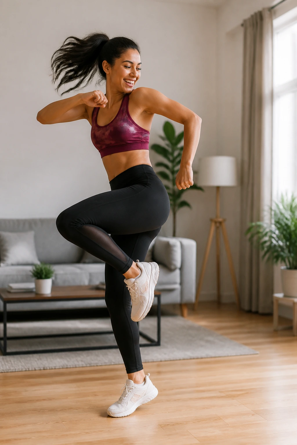 Person dancing freestyle cardio in a living room.