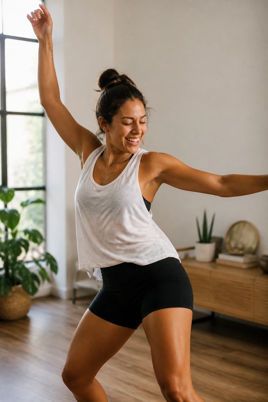 Person dancing energetically in a bright room with natural light