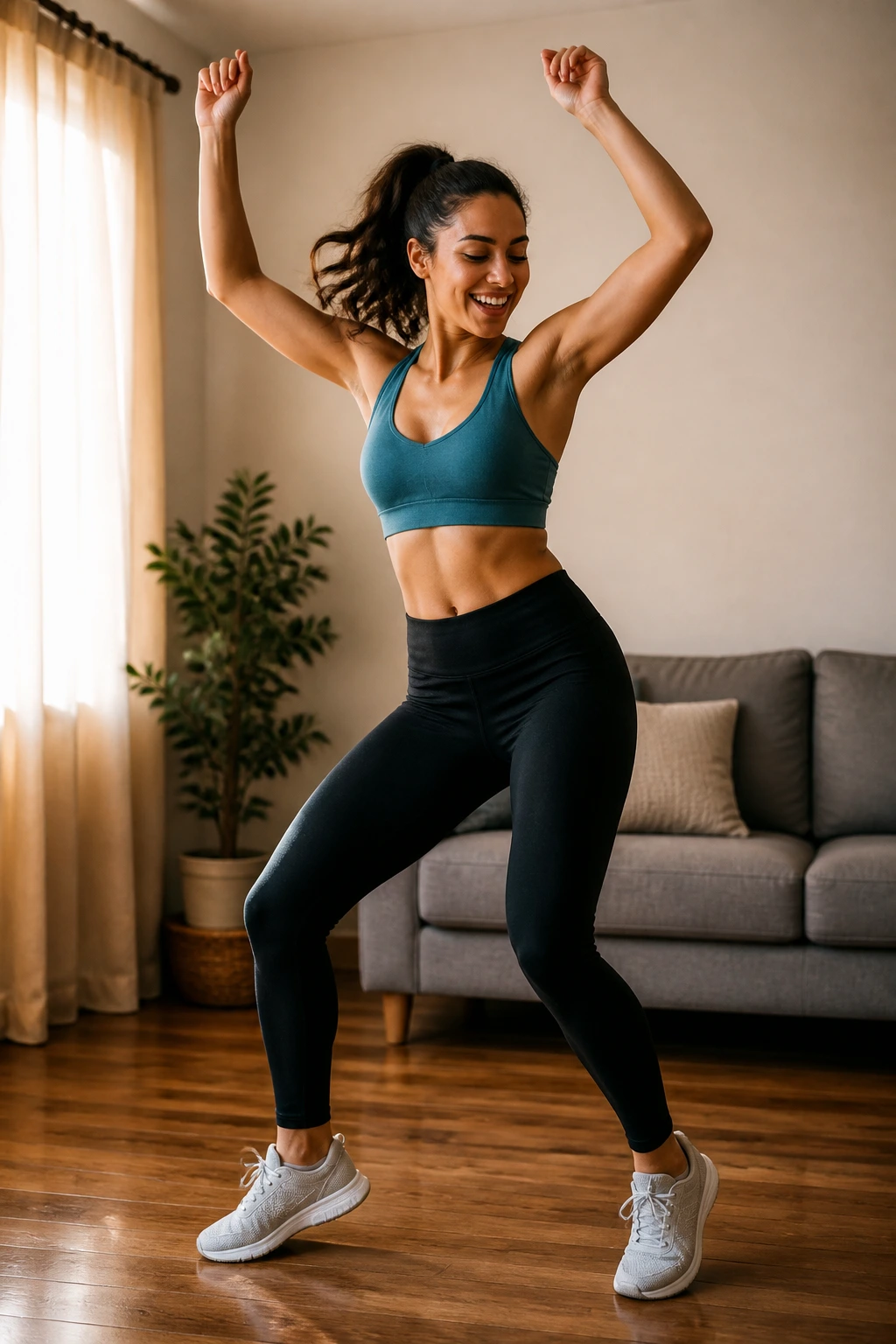 Person dancing in a home living room performing dance cardio.