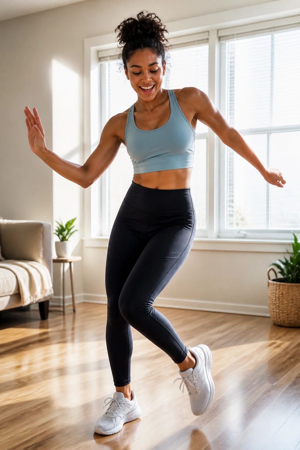Person dancing energetically in a bright living room