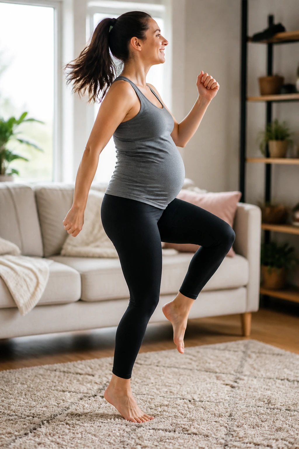 Person dancing lightly in a living room for prenatal cardio