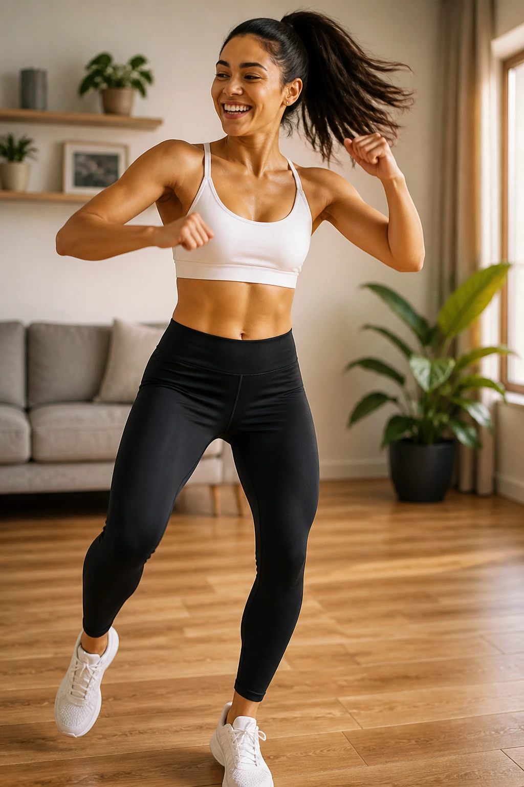 Energetic dancer performing cardio rounds in a home living room