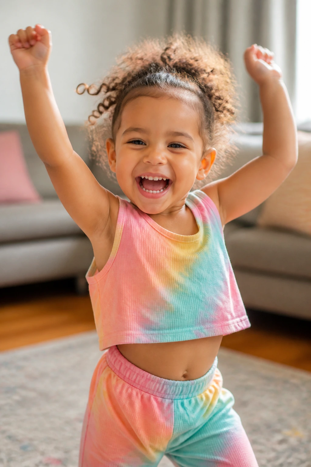 Close-up of a joyful toddler dancing in a sunlit living room