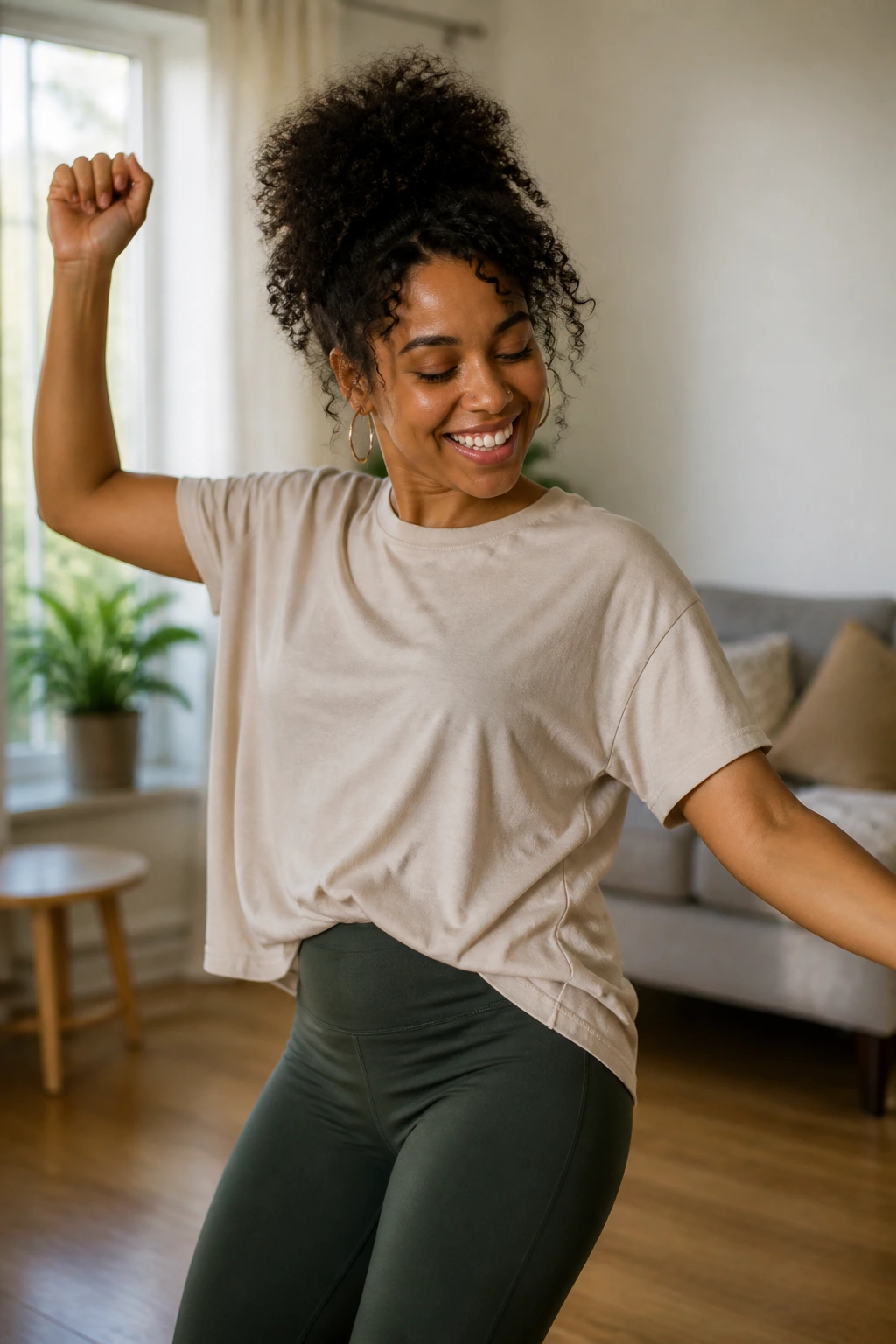 Dancer in casual clothes dancing in living room
