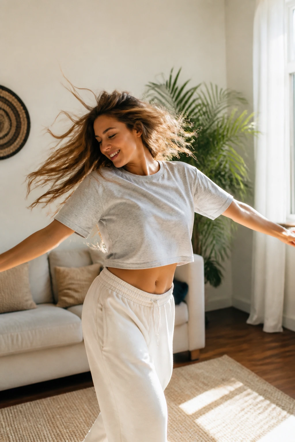 Person dancing joyfully in a sunlit living room