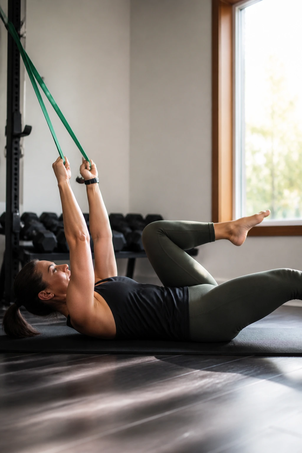 Person performing dead bug with band pulldown on a mat in a bright home gym