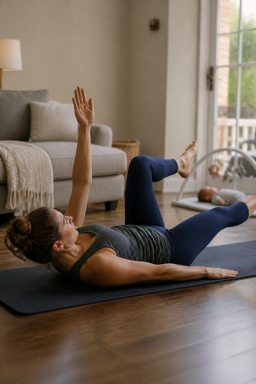 Postpartum mom performing dead bug core exercise on a mat