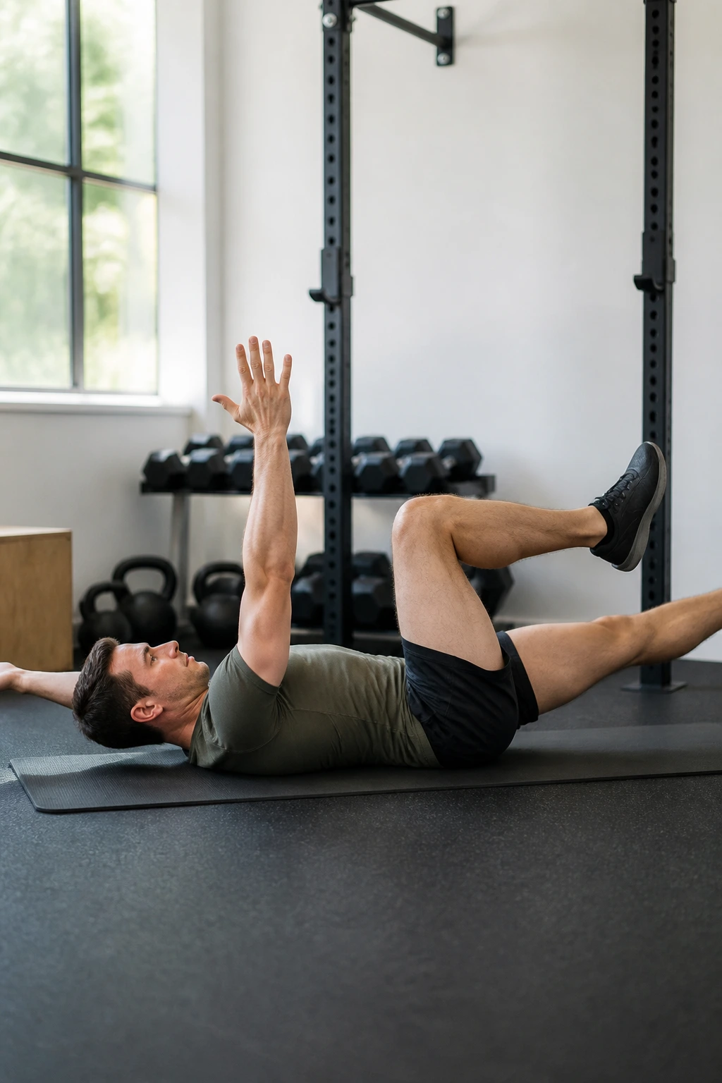 Person lying on back performing a dead bug on a mat