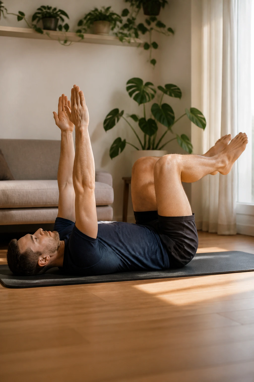 Mid-shot of a person doing the dead bug core exercise on a mat, maintaining a glued lower back.