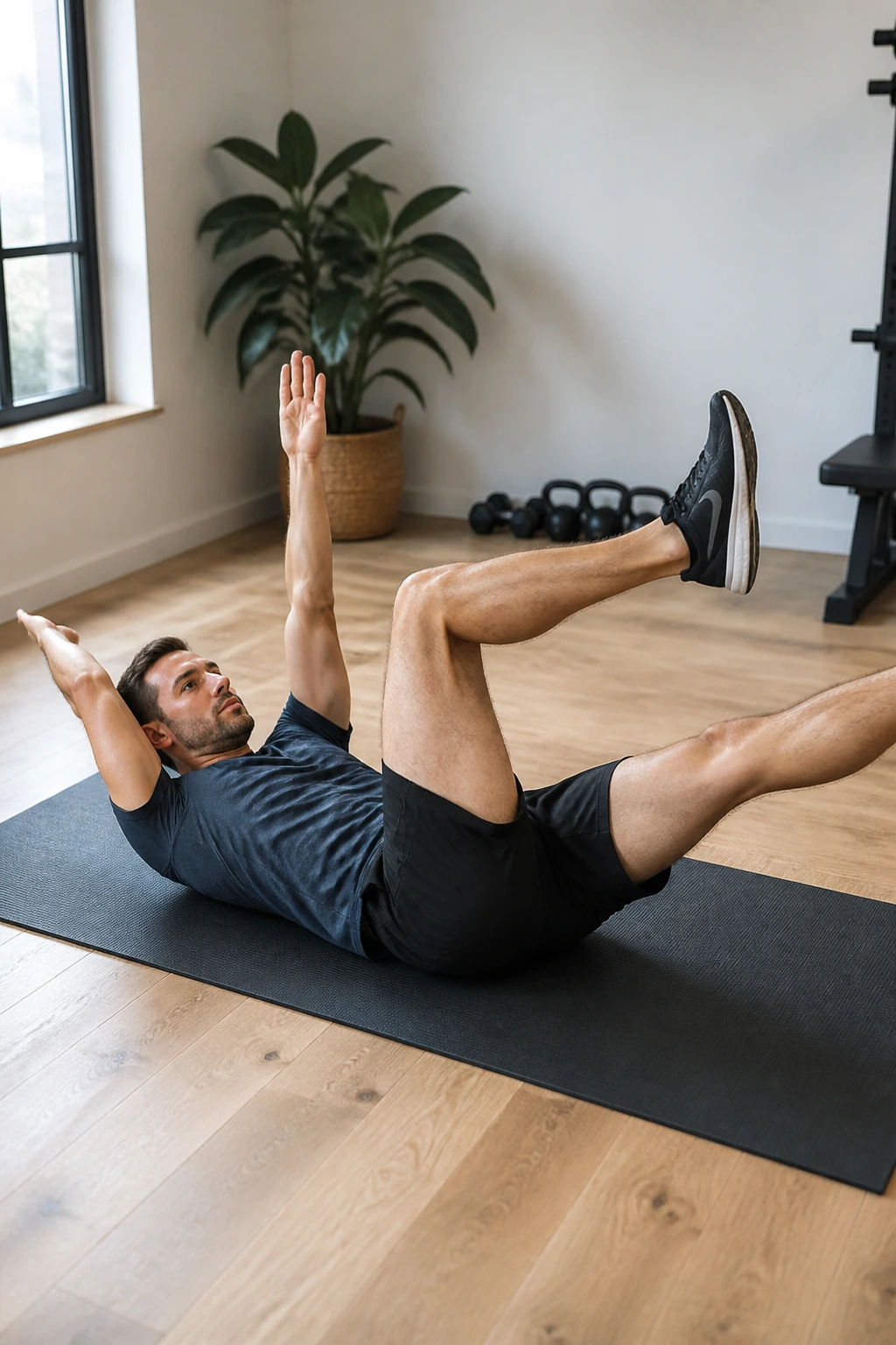 Person performing Dead Bug exercise on a mat with opposite arm and leg extended